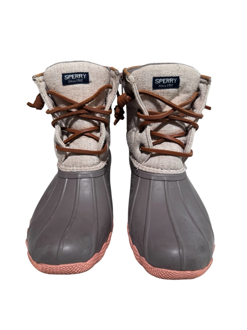 Sperry Gray/Tan Rubber Duck Boots with Pink Accent Sole - 3